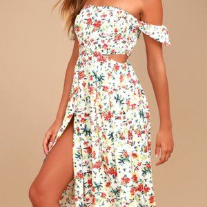 Easy on the Eyes Cream Floral Print Off-the-Shoulder Maxi Dress